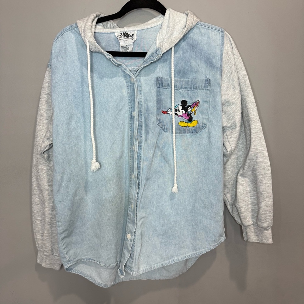Disney Light Blue Denim Button-Down Shirt with Gray Hoodie Sleeves